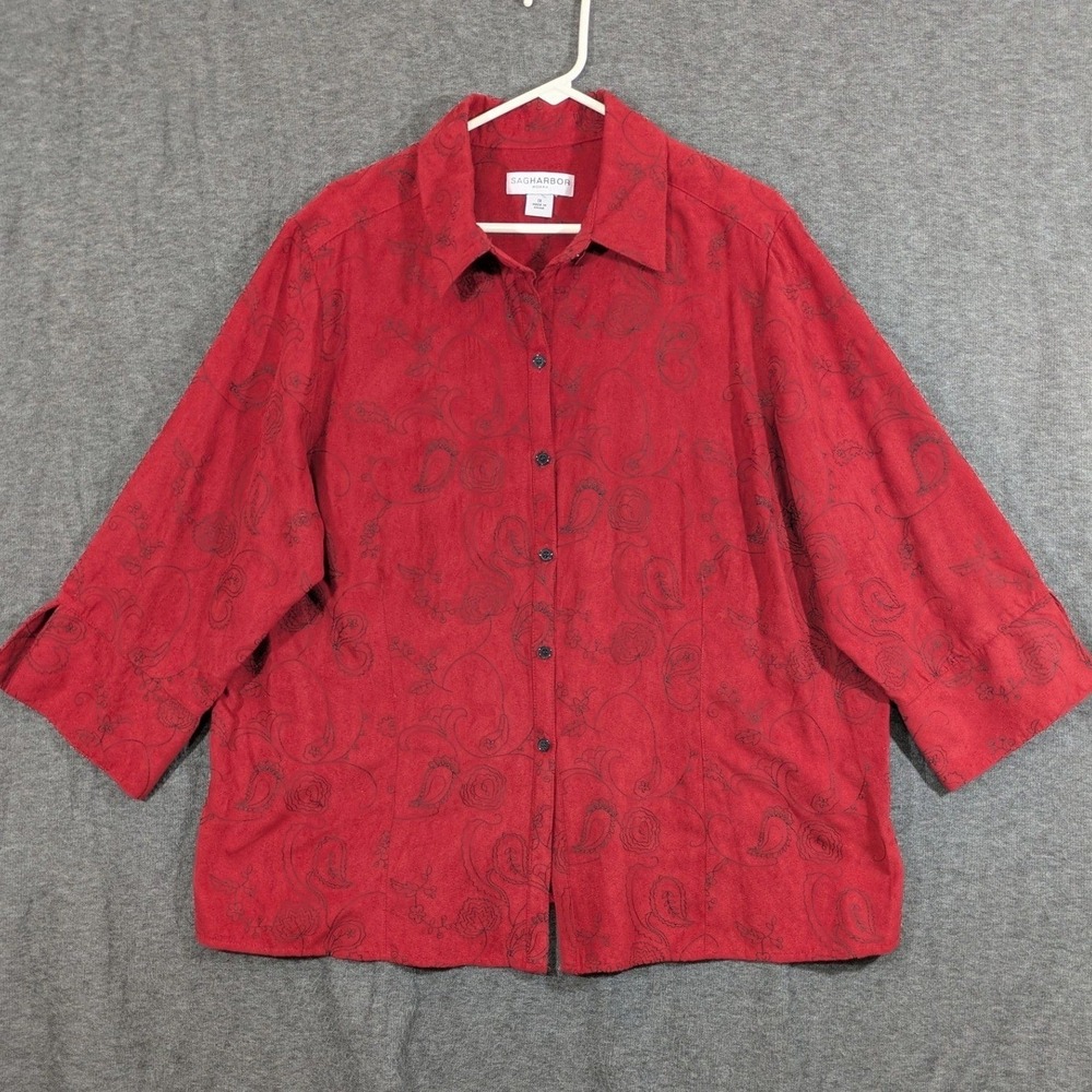 Sag Harbor Red Faux Suede Floral Embroidered 3/4 Sleeve Button Down Size 1X - Picture 1 of 9